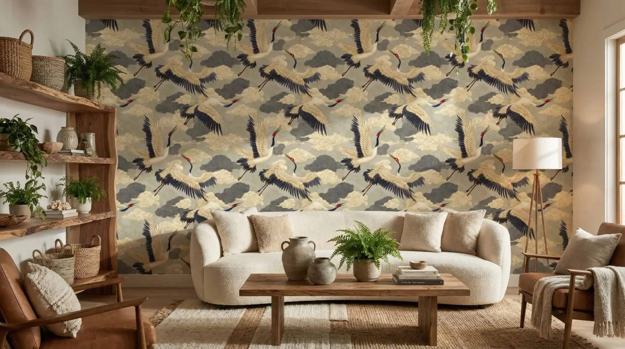 Japans kraanvogels behang achter lichte bank in gezellige woonkamer