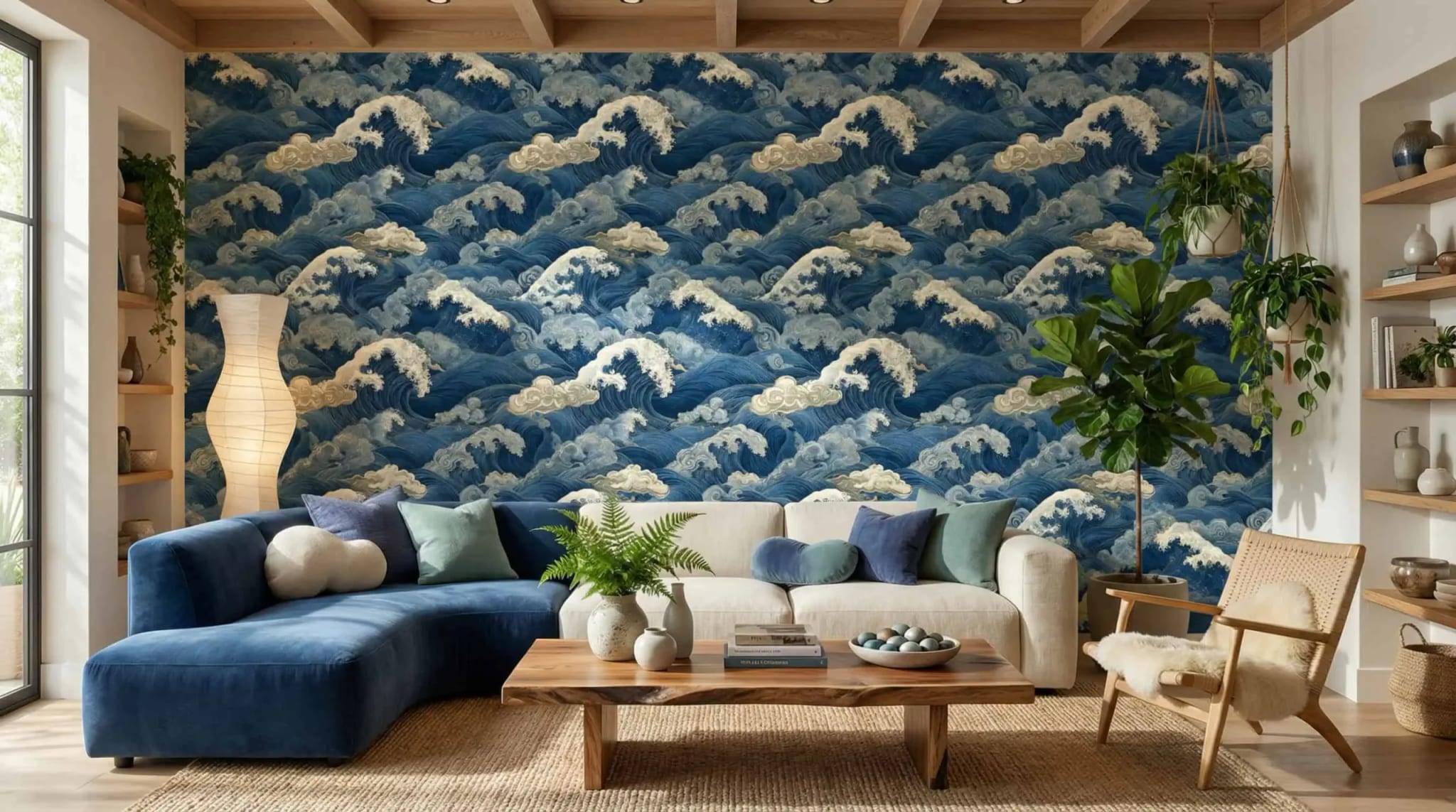 japans oceaangolven behang in diepblauw in de woonkamer