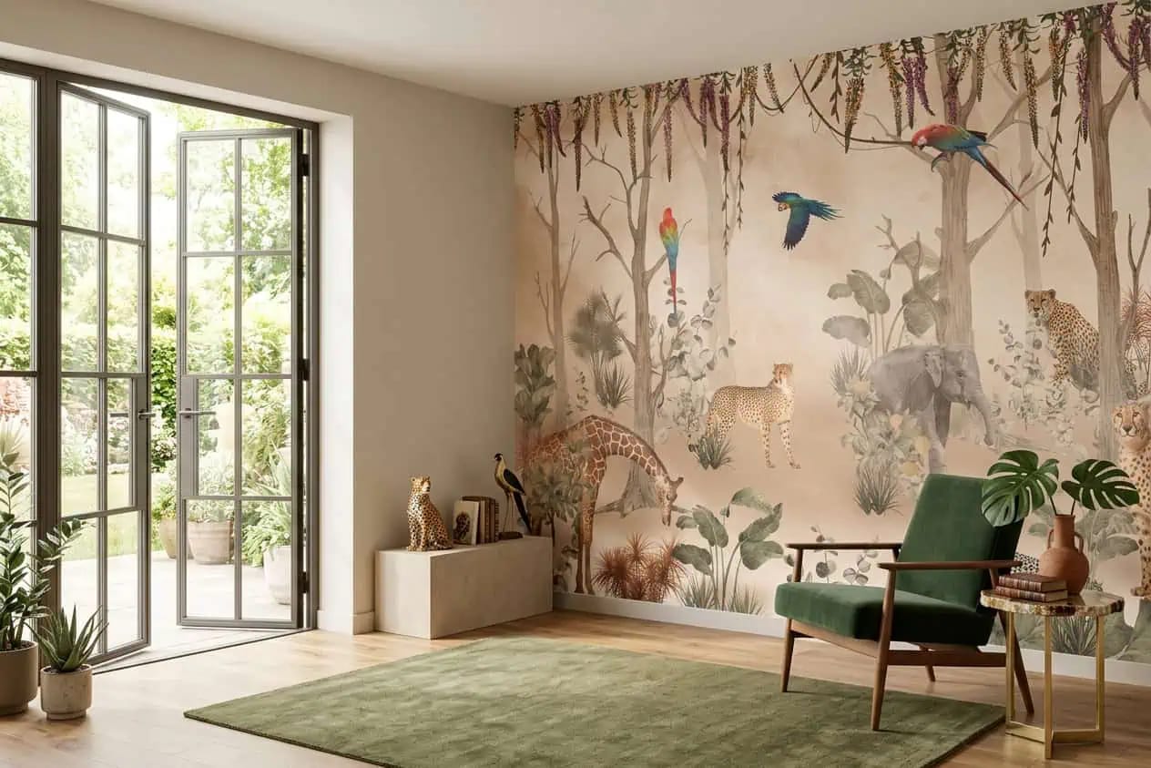 jungle behang cheetah giraffe zandkleur achter groene fauteuil in lichte woonkamer