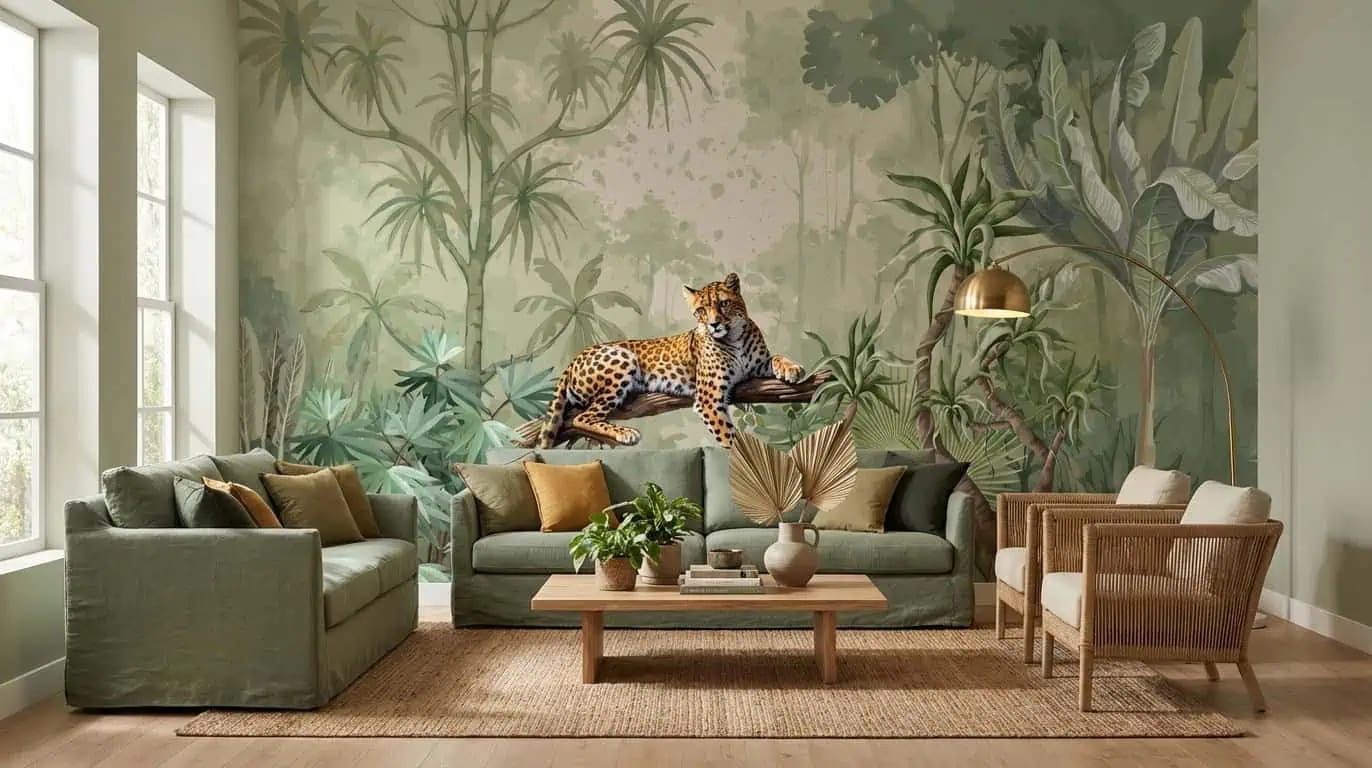 jungle behang luipaard achter groene bank in sfeervolle woonkamer