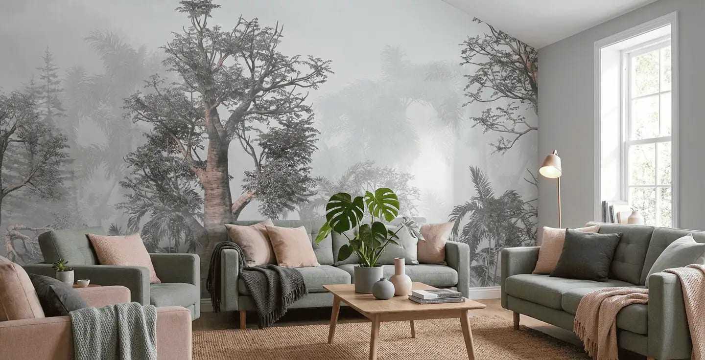 jungle behang grijs achter banken en salontafel in woonkamer