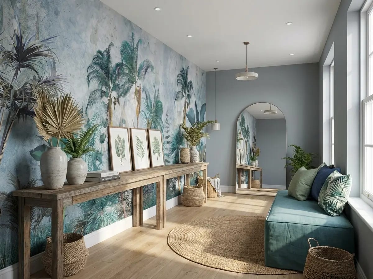 jungle behang blauwgroen achter houten bank en spiegel in hal
