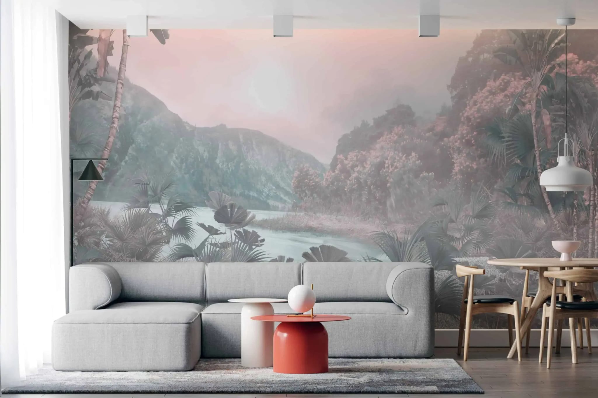 jungle behang pastel achter bank en eettafel in lichte woonkamer