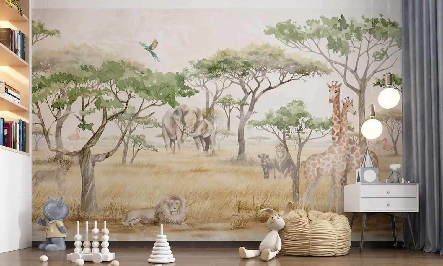 jungle behang savanne dieren achter wit kastje en poef in kinderkamer