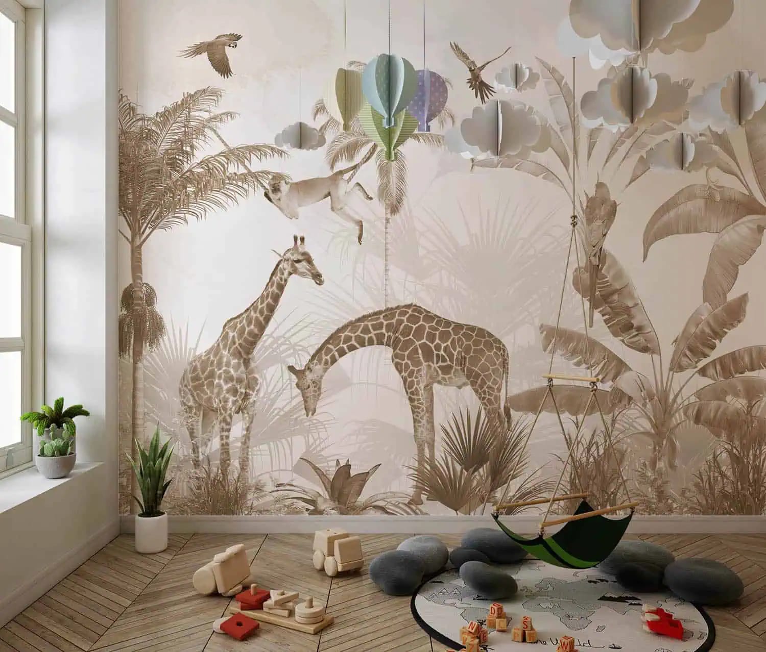 sepia jungle fotobehang met giraffen achter speelhoek in kinderkamer