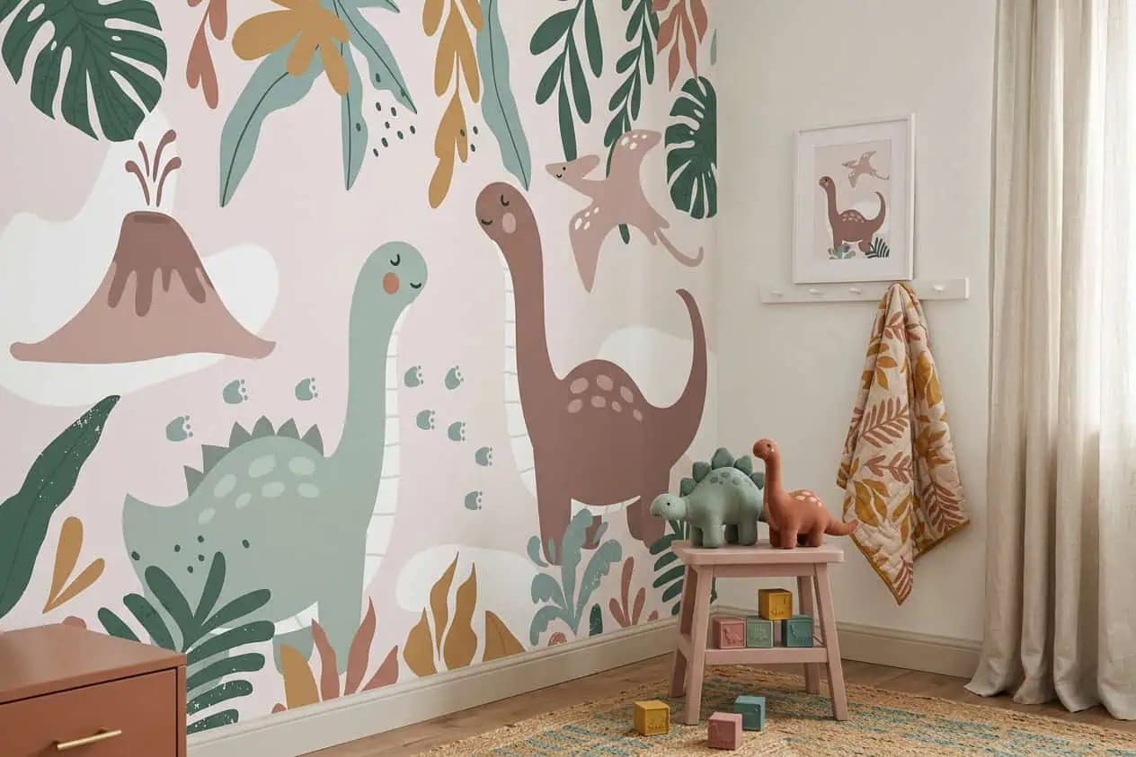 kinderkamer behang dinosaurus pastel achter krukje met dino-knuffels in kinderkamer
