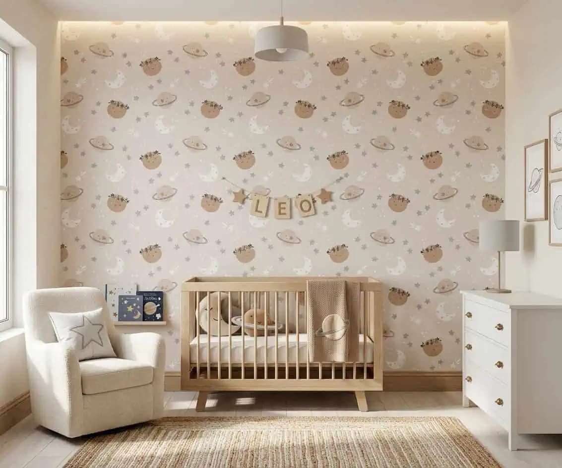 kinderkamer behang planeten beige pastel achter wiegje in babykamer