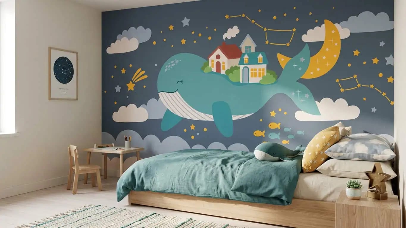 kinderkamer behang walvis blauw achter bed in kinderkamer