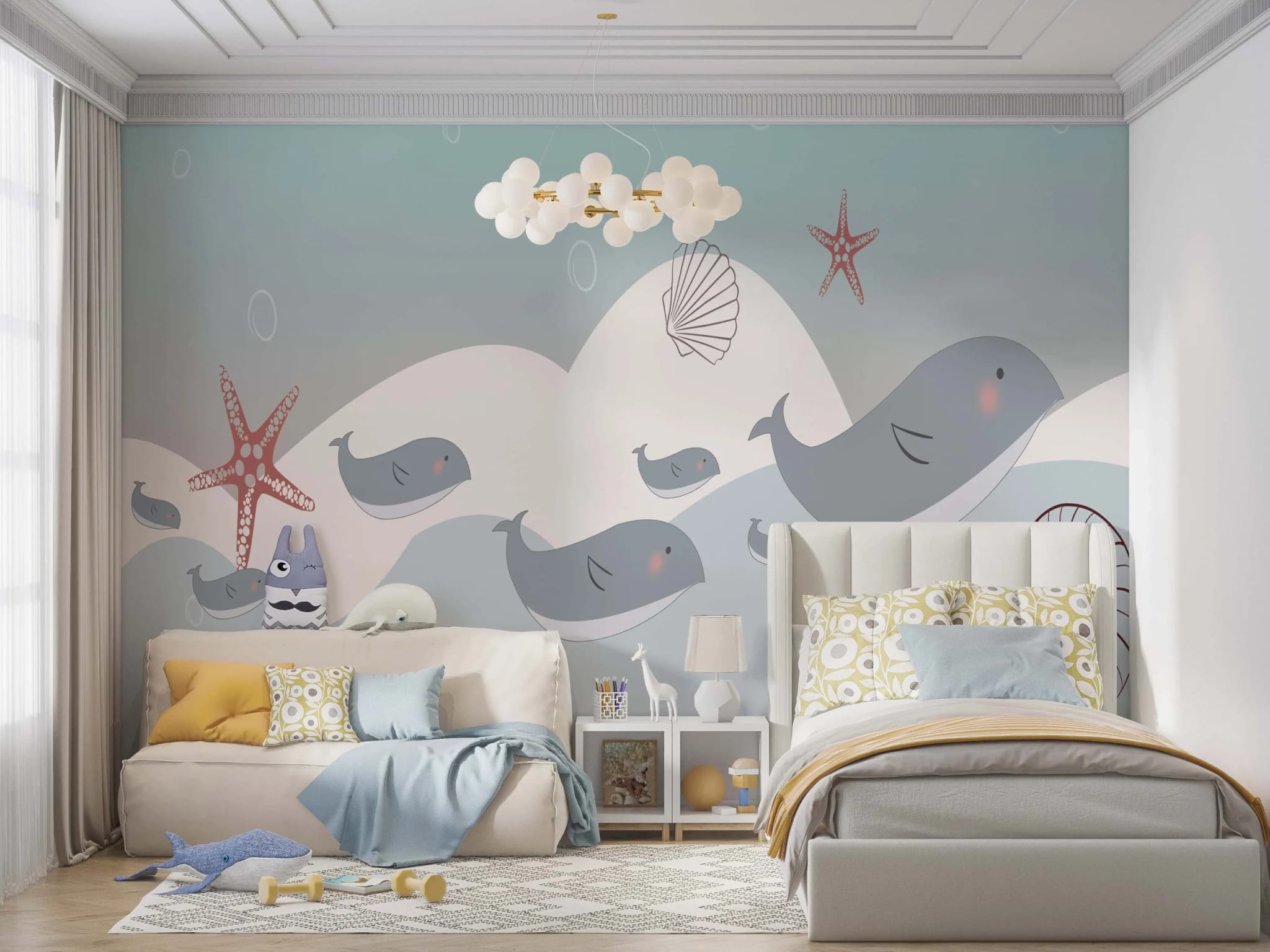 kinderkamer behang walvissen pastelblauw achter bed en bank in kinderkamer