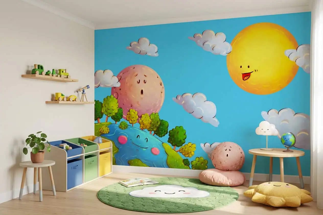 kinderkamer behang zon maan aarde blauw achter speelhoek in kinderkamer