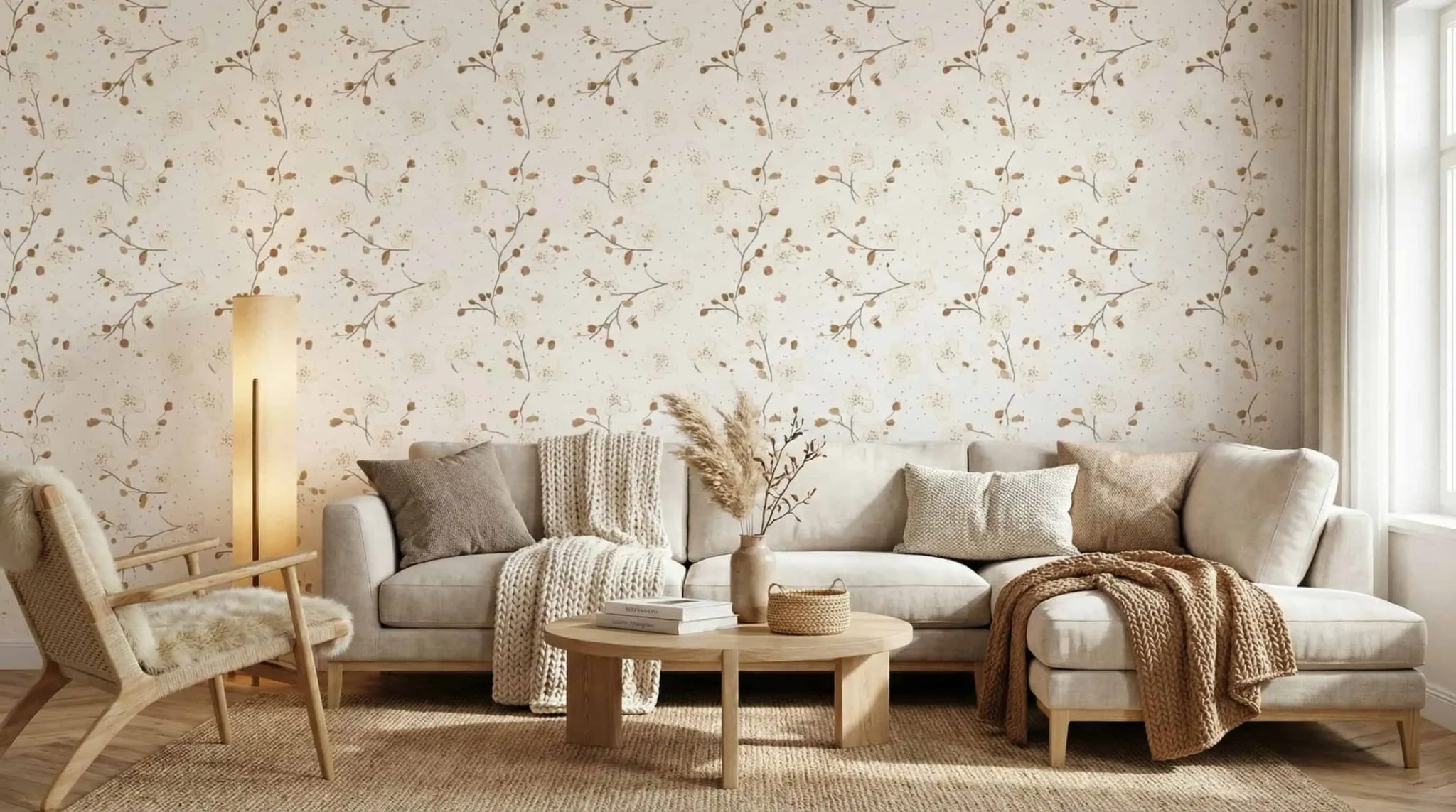 licht beige bloemen behang met fijne takjes achter bank in lichte woonkamer