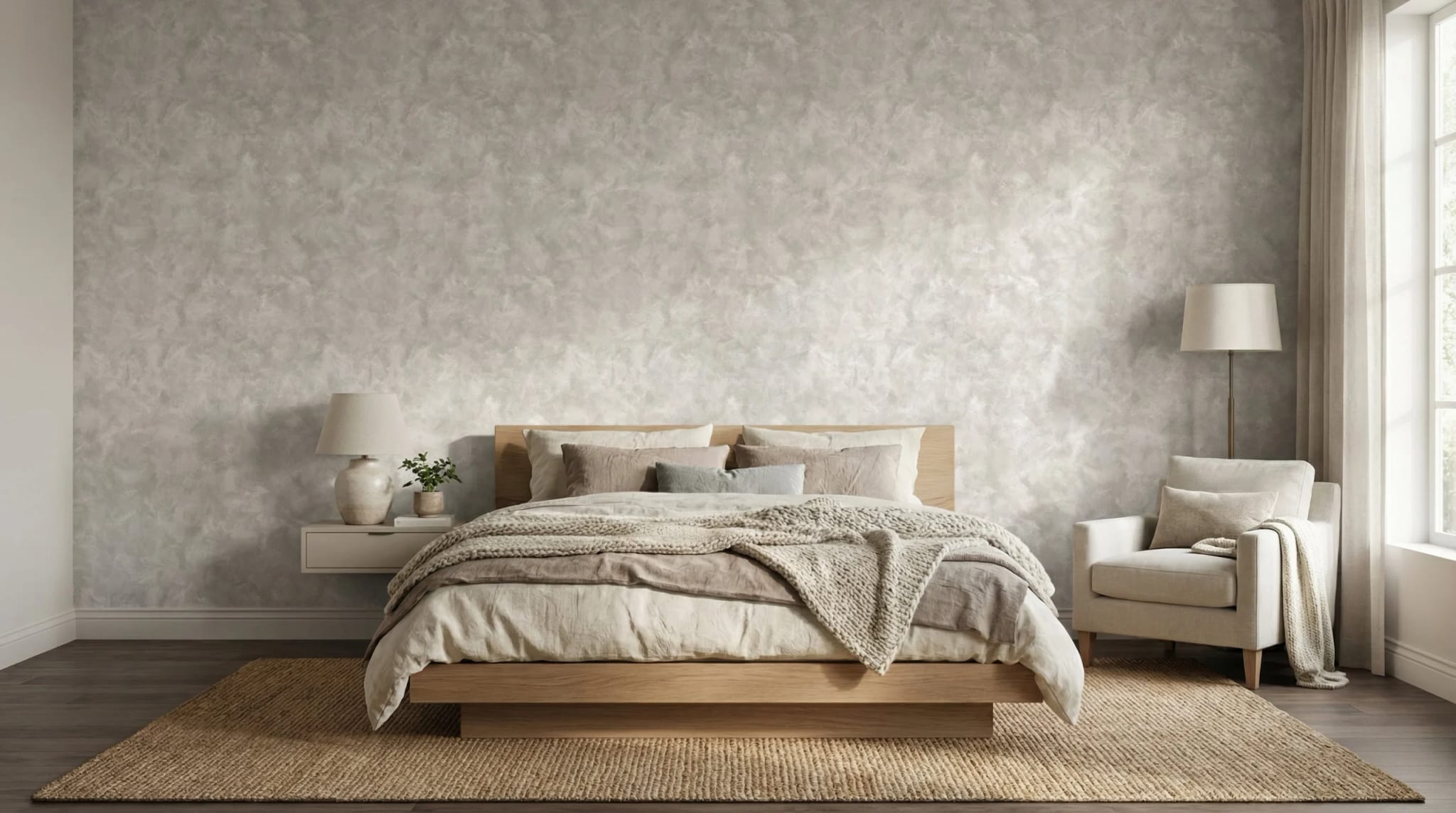 licht taupe betonlook behang met wolkachtige diepte in de slaapkamer
