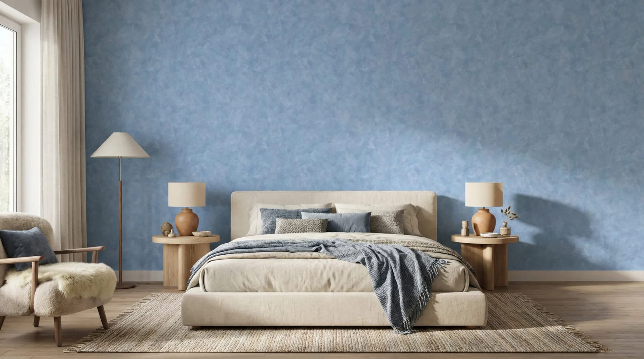 lichtblauw wolkachtig betonlook behang in de slaapkamer