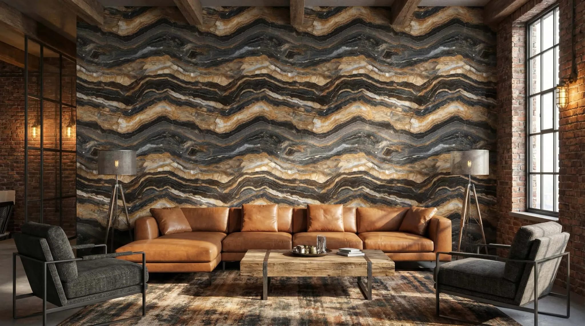 marmerlook behang zwart goud achter cognackleurige bank in woonkamer