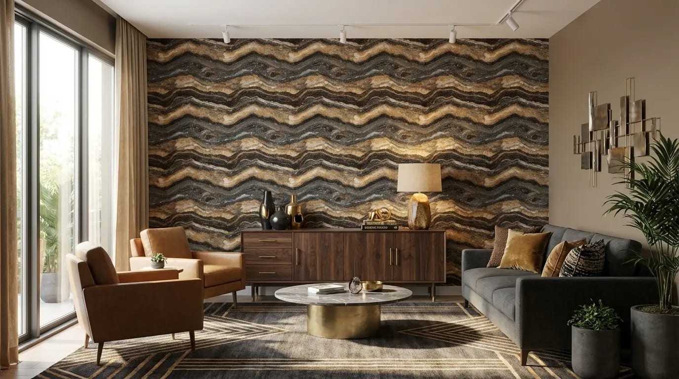 zwart goud marmerlook behang achter bank in stijlvolle woonkamer