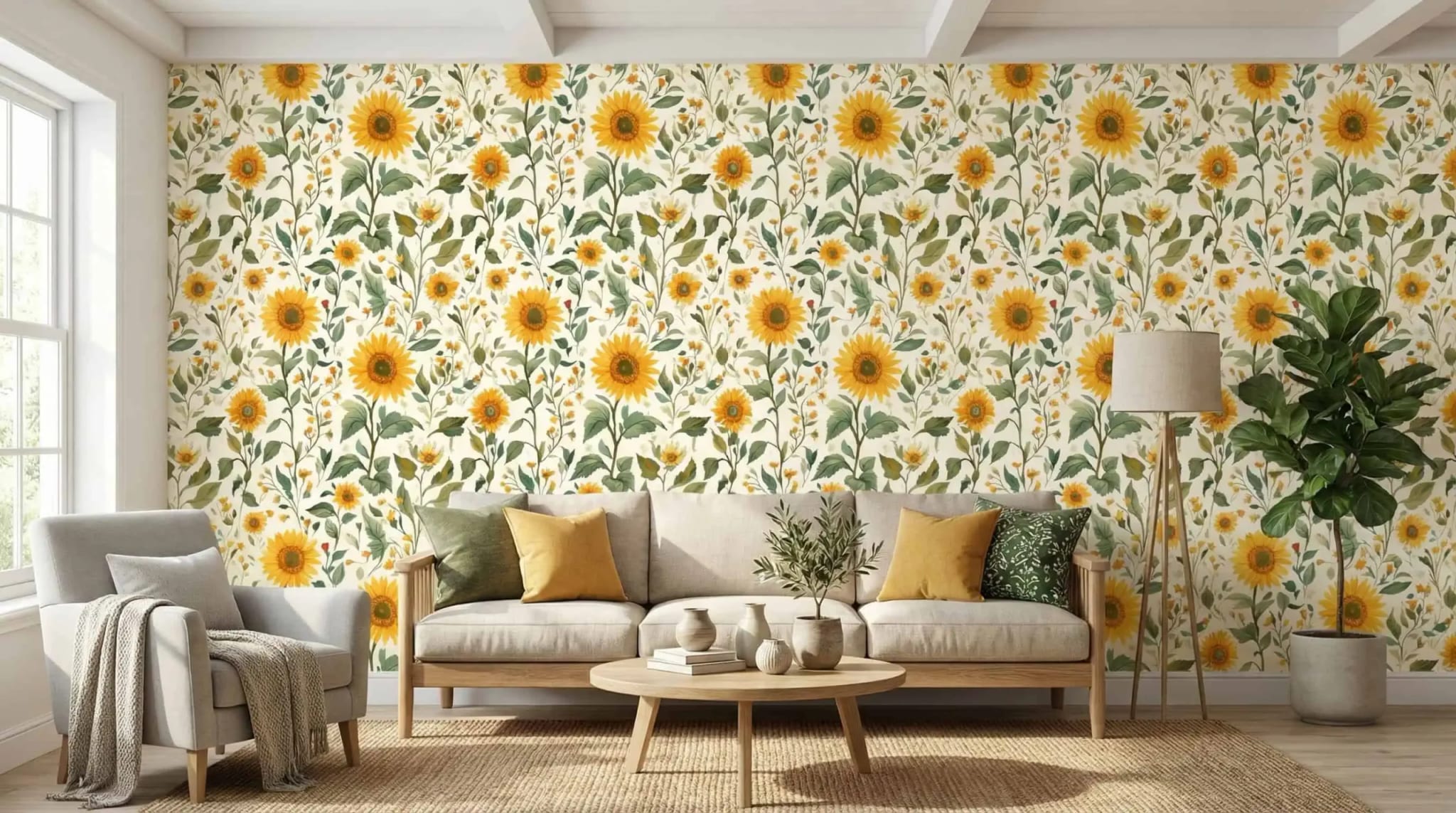 natuurlijk zonnebloemen tuin behang met groene bladeren in de woonkamer