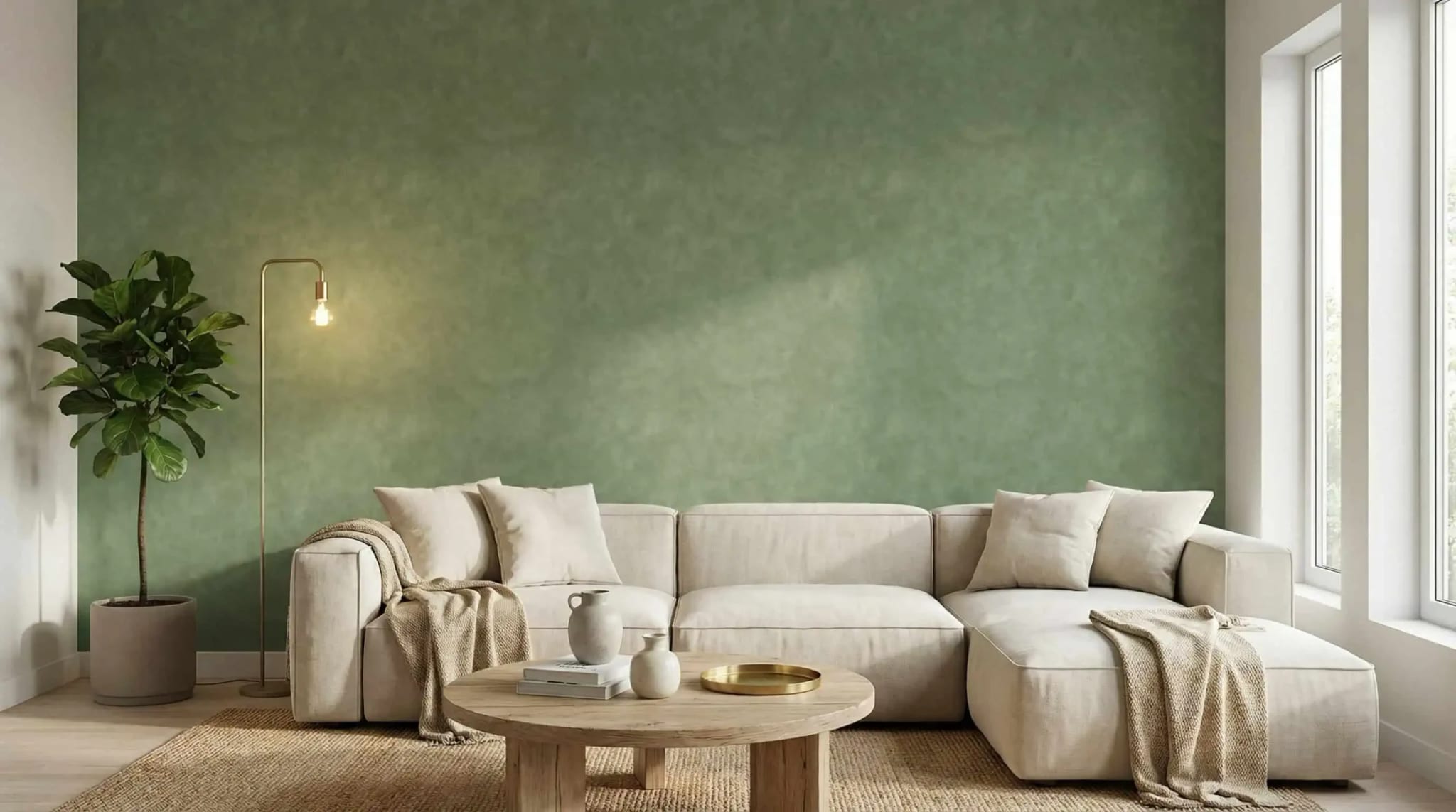 Olijfgroen Betonlook Behang met Warme Structuur