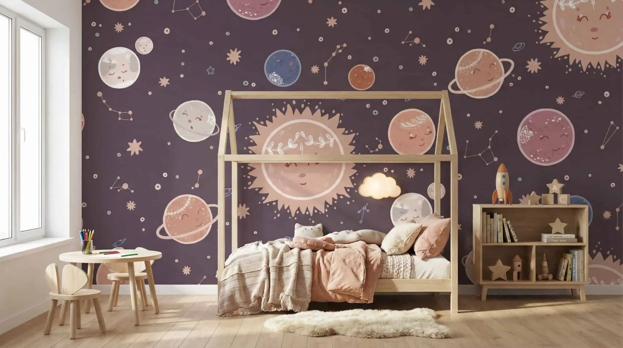 paars ruimte planeten kinderkamer behang droomuniversum in de kinderkamer