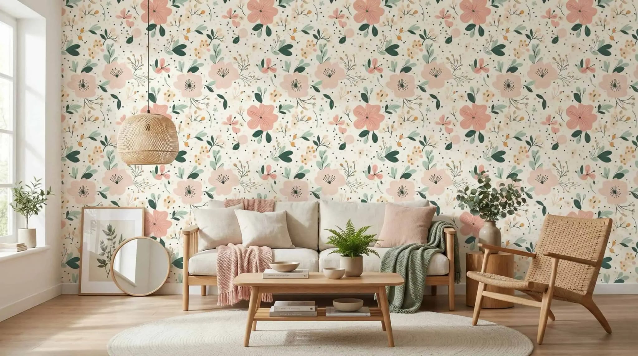 pastel bloemen behang met roze bloesems achter bank in lichte woonkamer