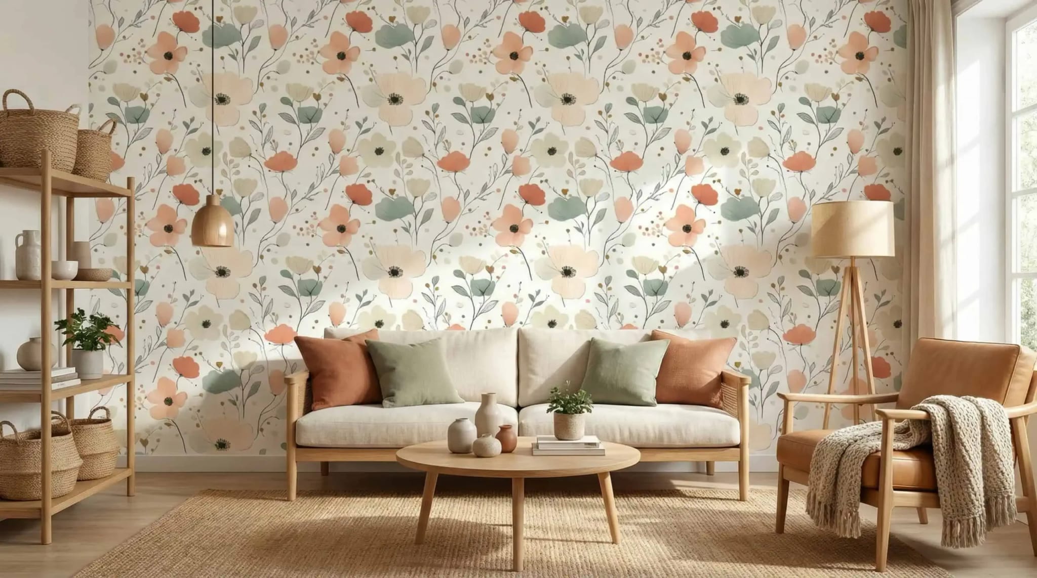 pastel botanisch bloemen behang met zachte groentinten in de woonkamer
