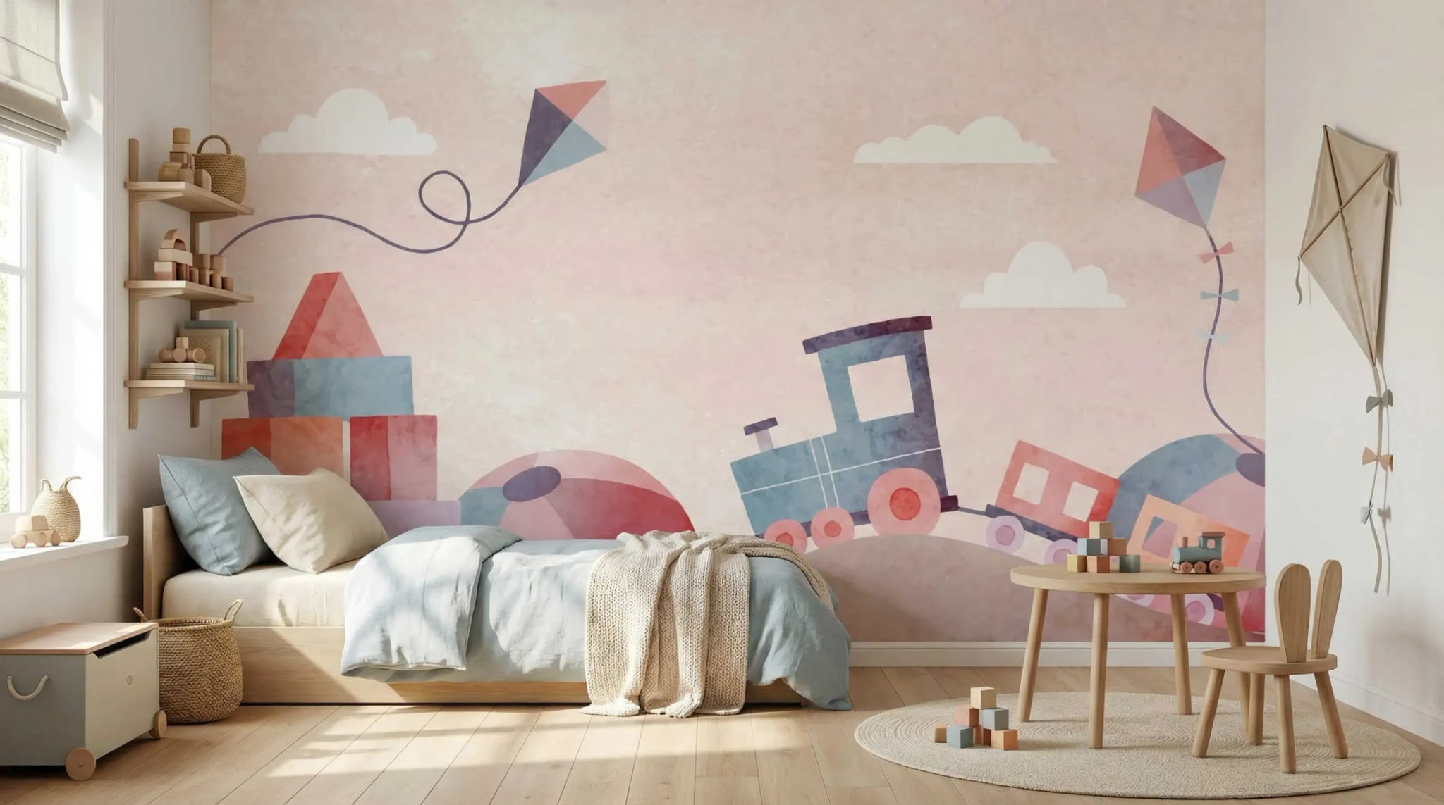 pastel trein avontuur kinderkamer behang in de kinderkamer
