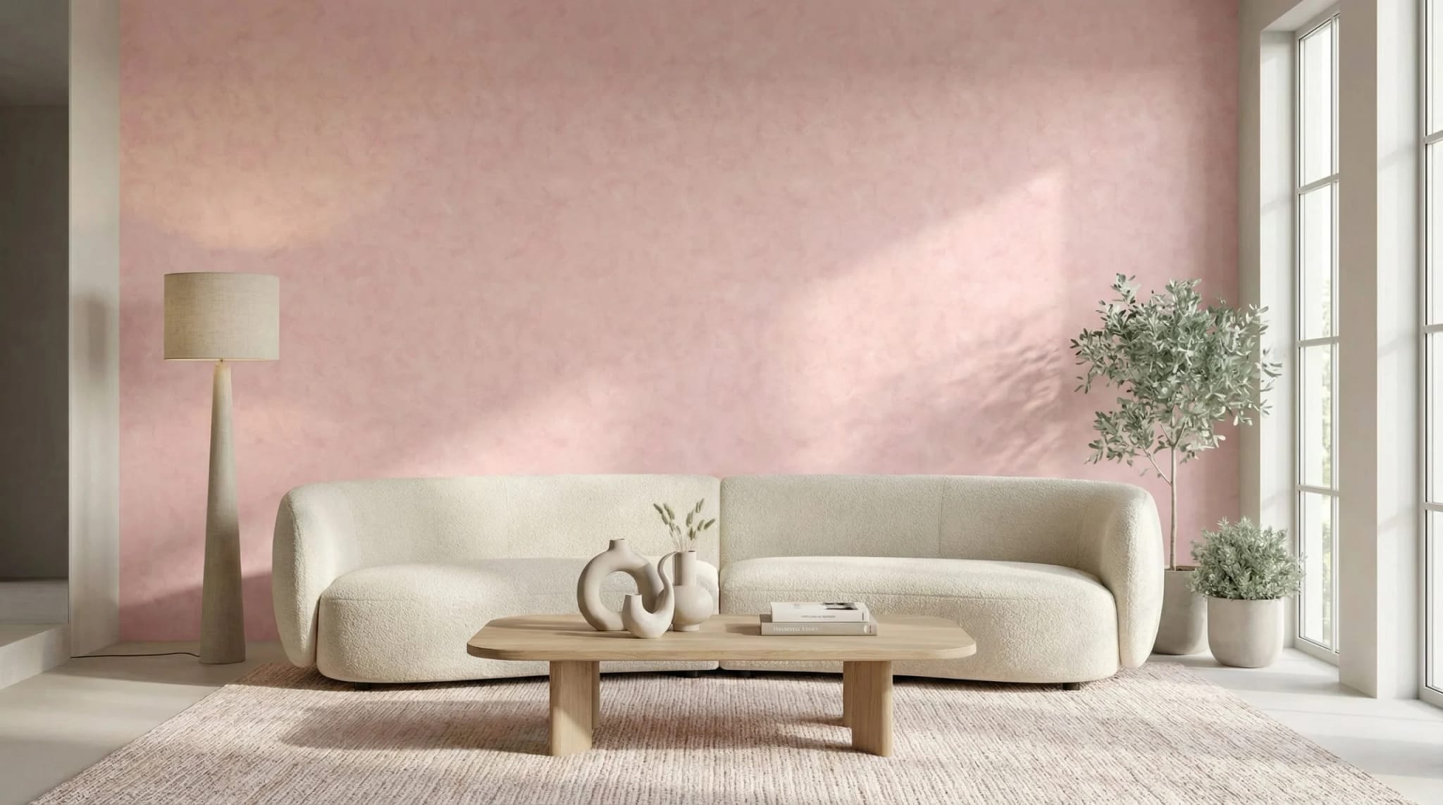 poederroze betonlook behang met wolkachtige textuur in de woonkamer