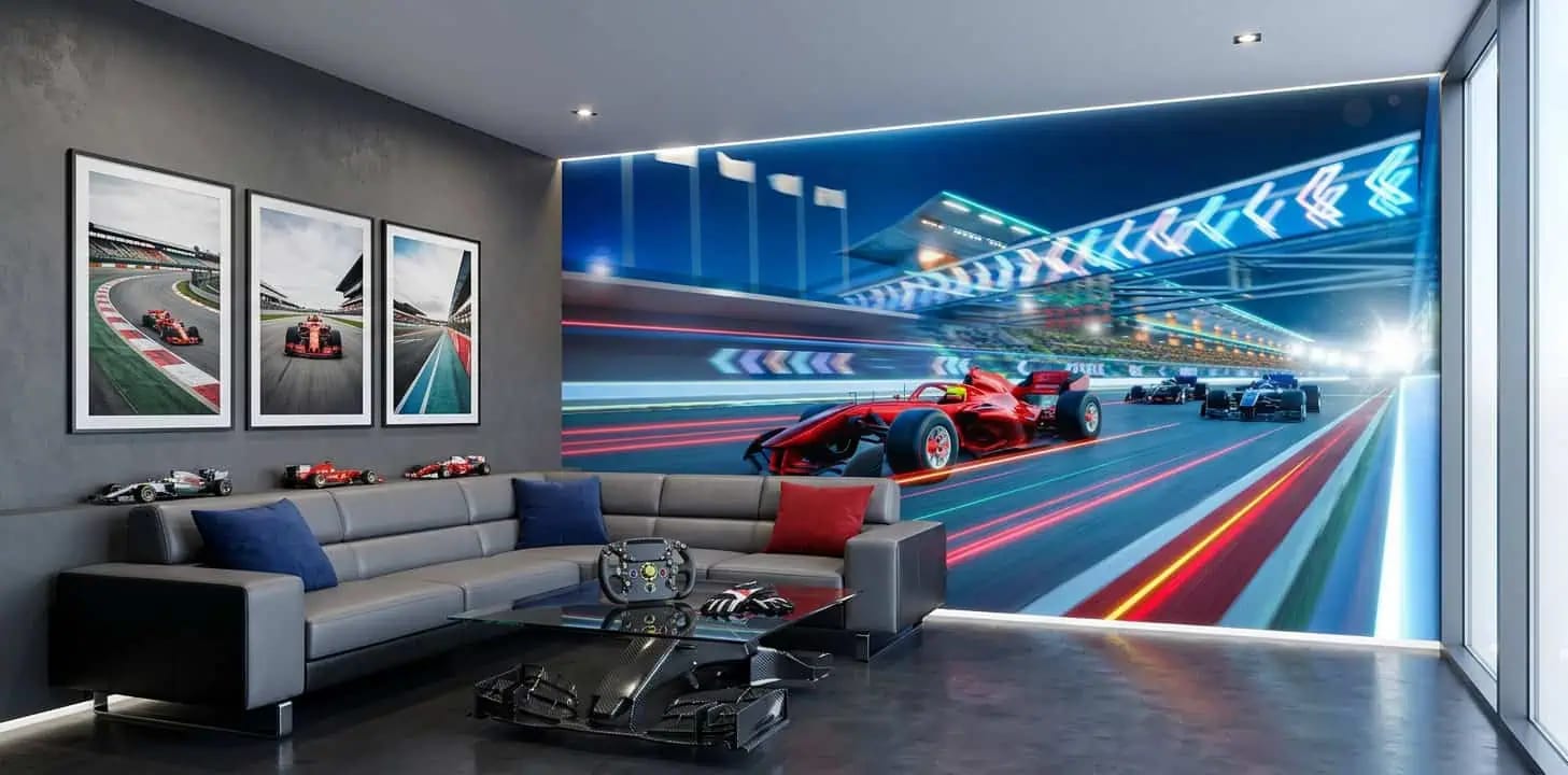 racebaan behang Formule1 achter bank in moderne woonkamer