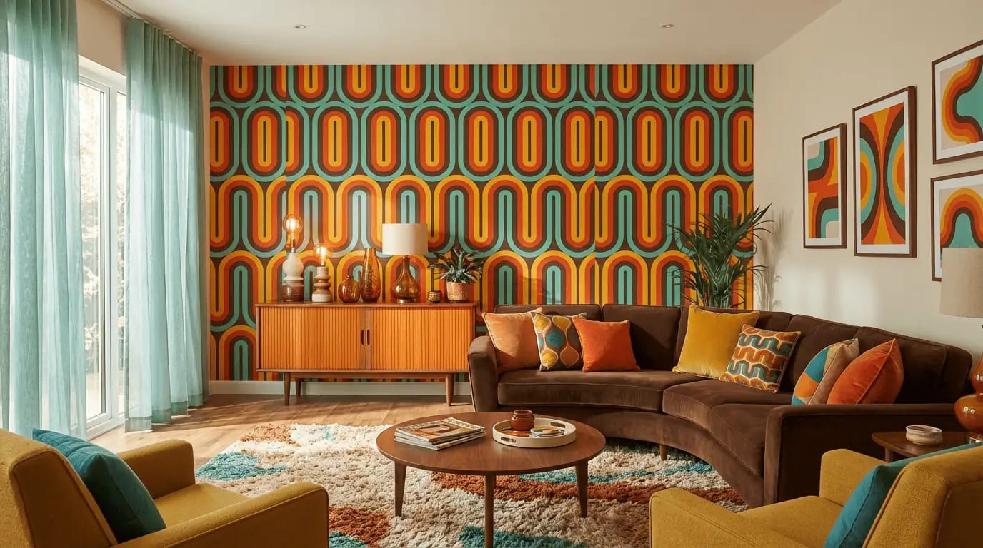 retro geometrisch behang in oker en turquoise achter hoekbank in kleurrijke woonkamer