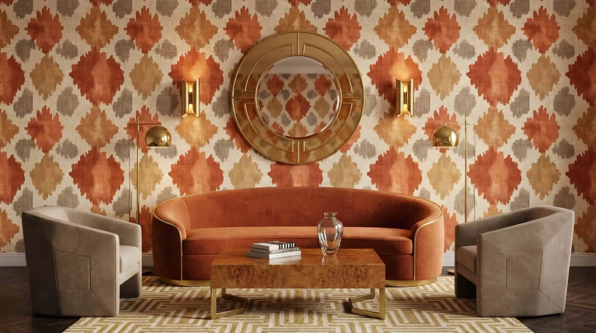 retro ornament behang achter oranje bank in warme woonkamer