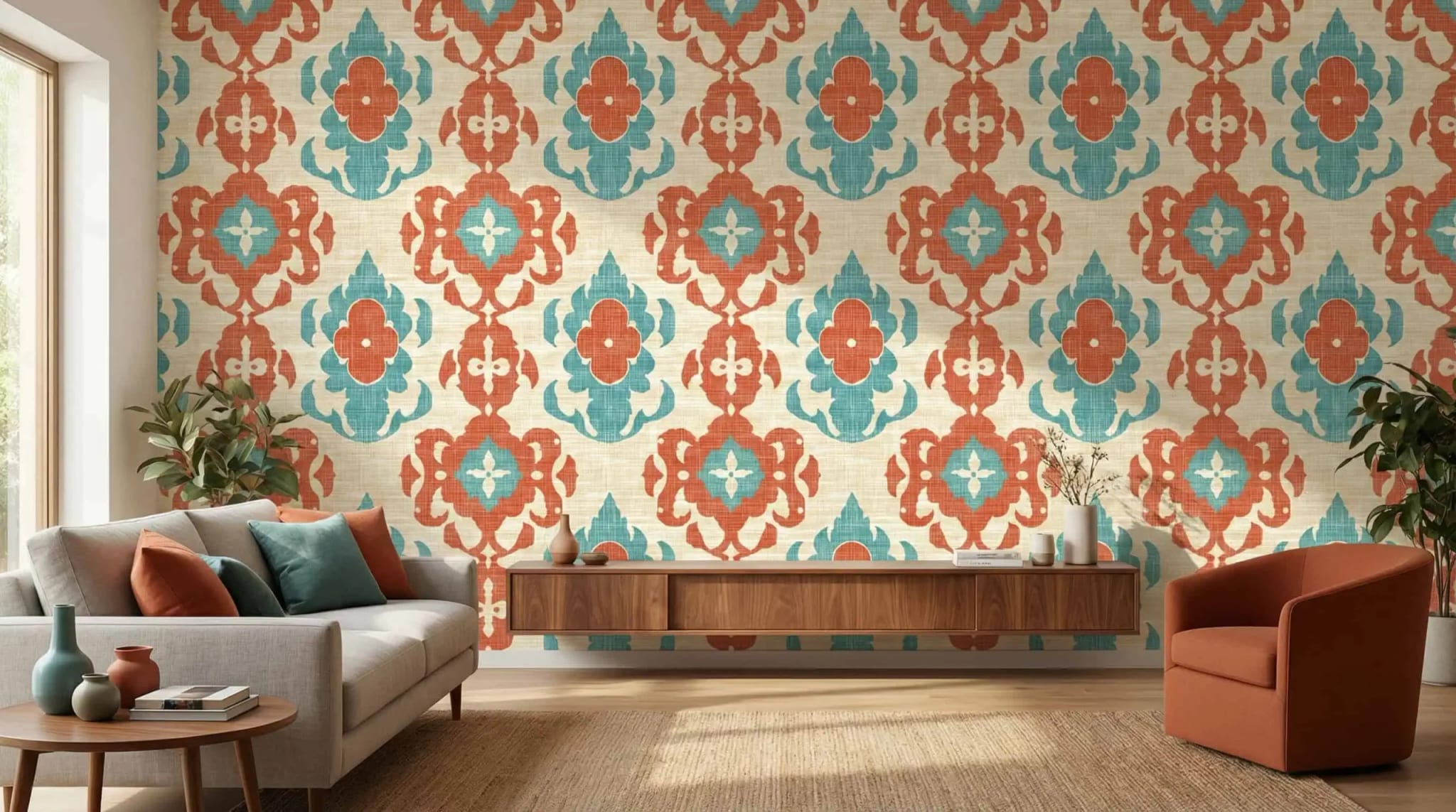 retro ornament behang in terracotta en turquoise achter bank in lichte woonkamer