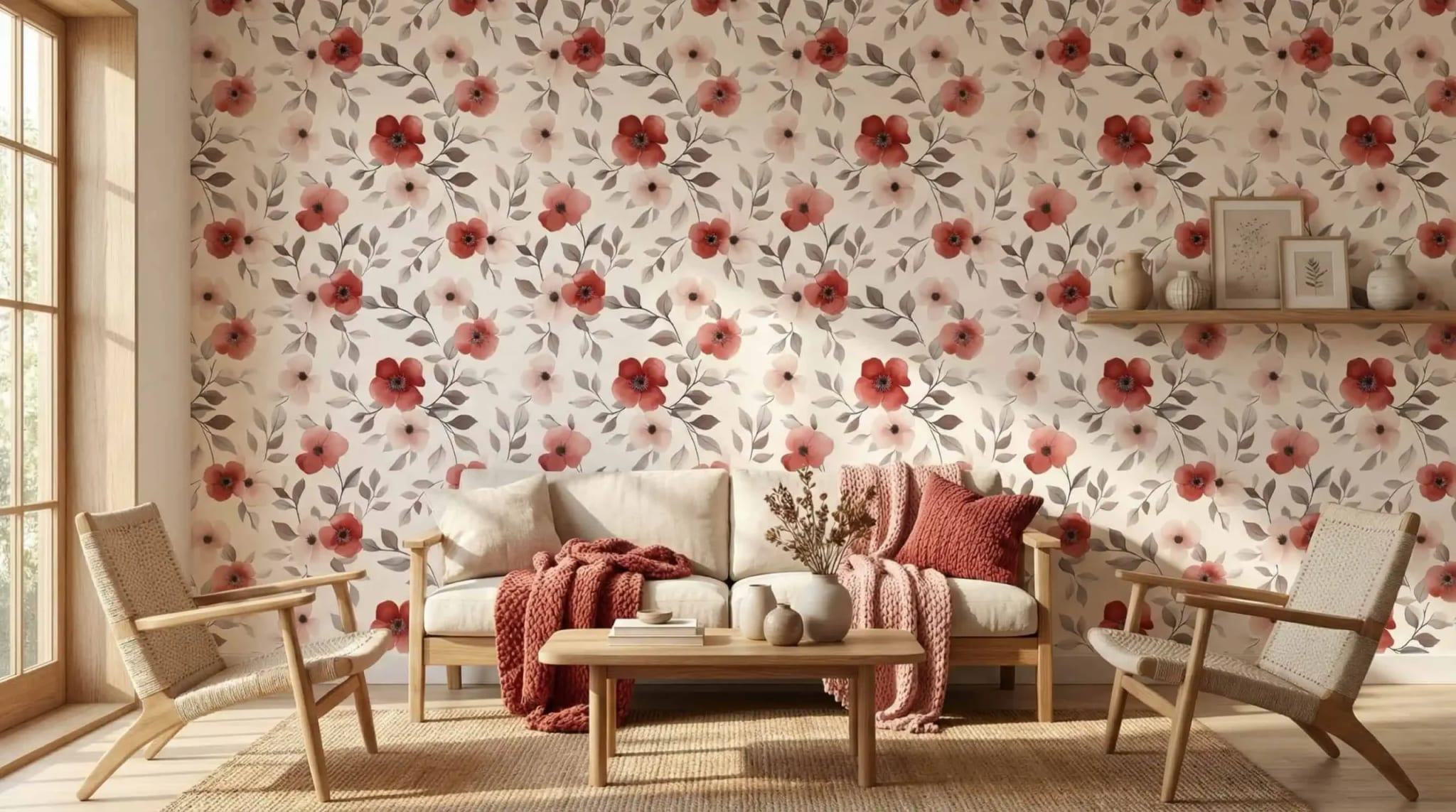bloemen behang met zachte rode accenten in aquarelstijl in de woonkamer