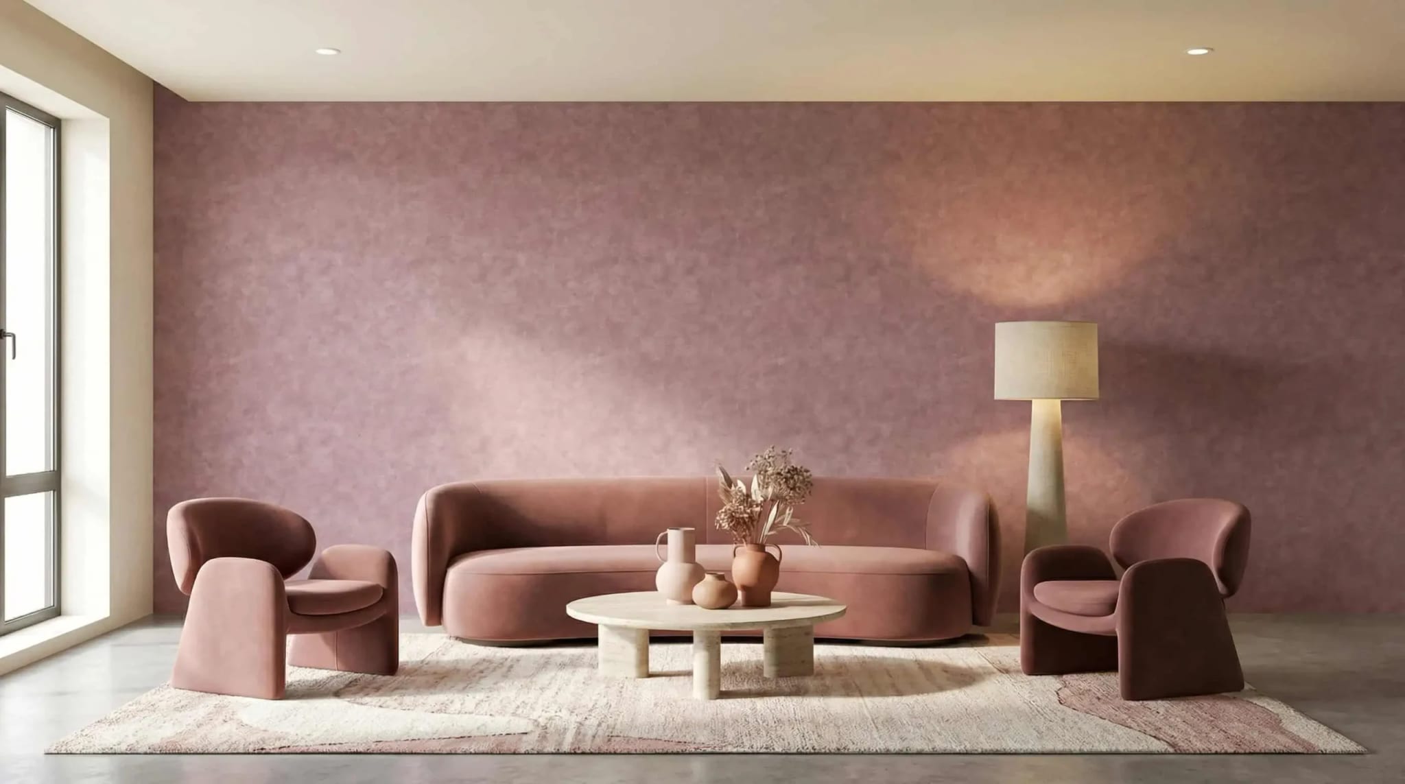 Roze Betonlook Behang met Zachte Poederstructuur