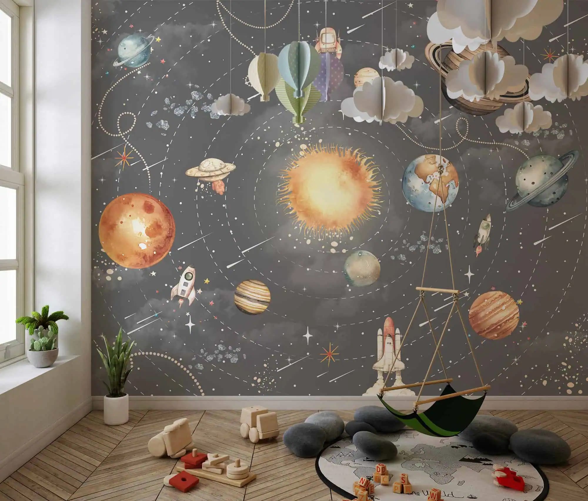ruimte behang donkergrijs achter speeltafel in kinderkamer
