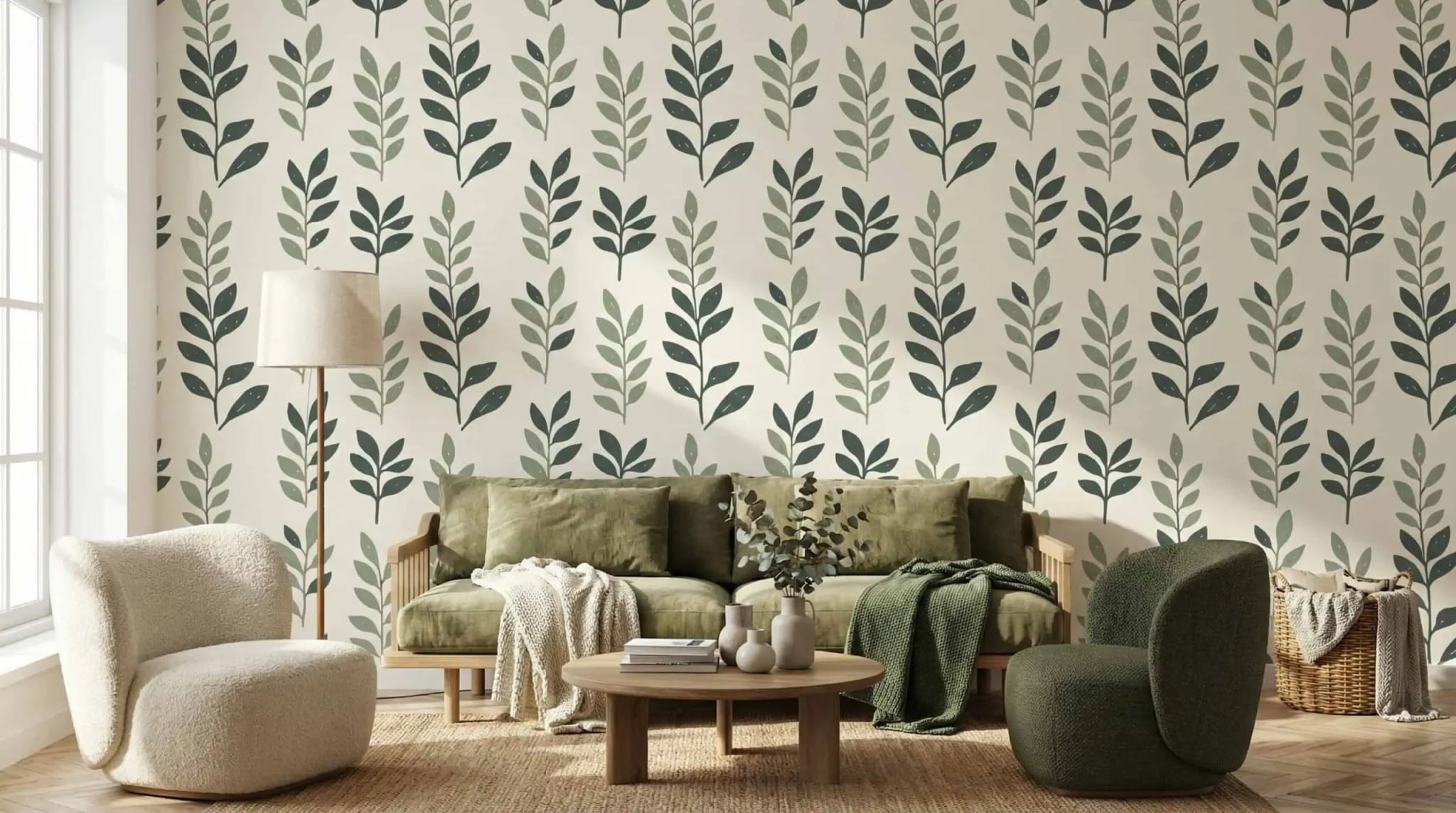botanisch behang met sage groene bladeren in de woonkamer