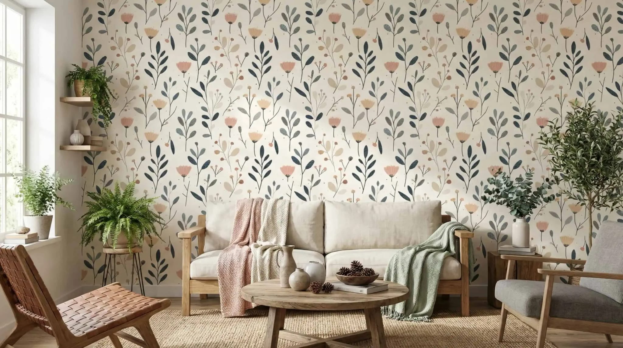 Scandinavisch bloemen behang in zachte perzik en donkergroen achter bank in lichte woonkamer