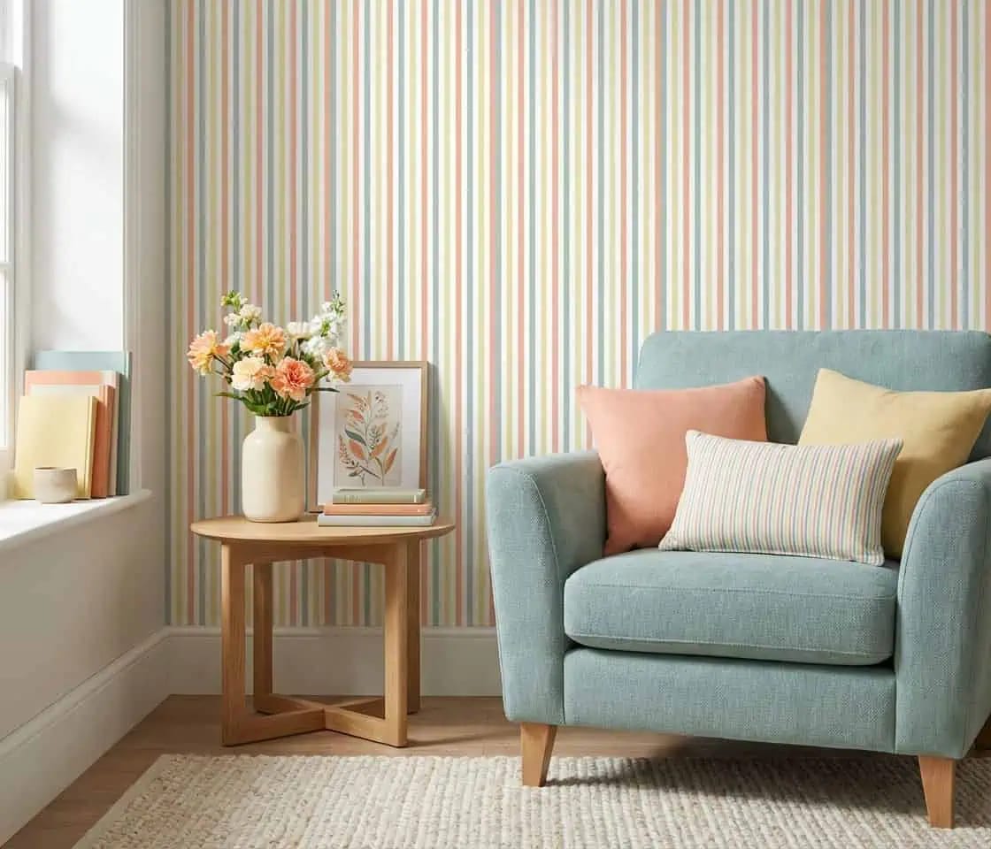 strepen behang pastel blauw achter fauteuil in lichte woonkamer