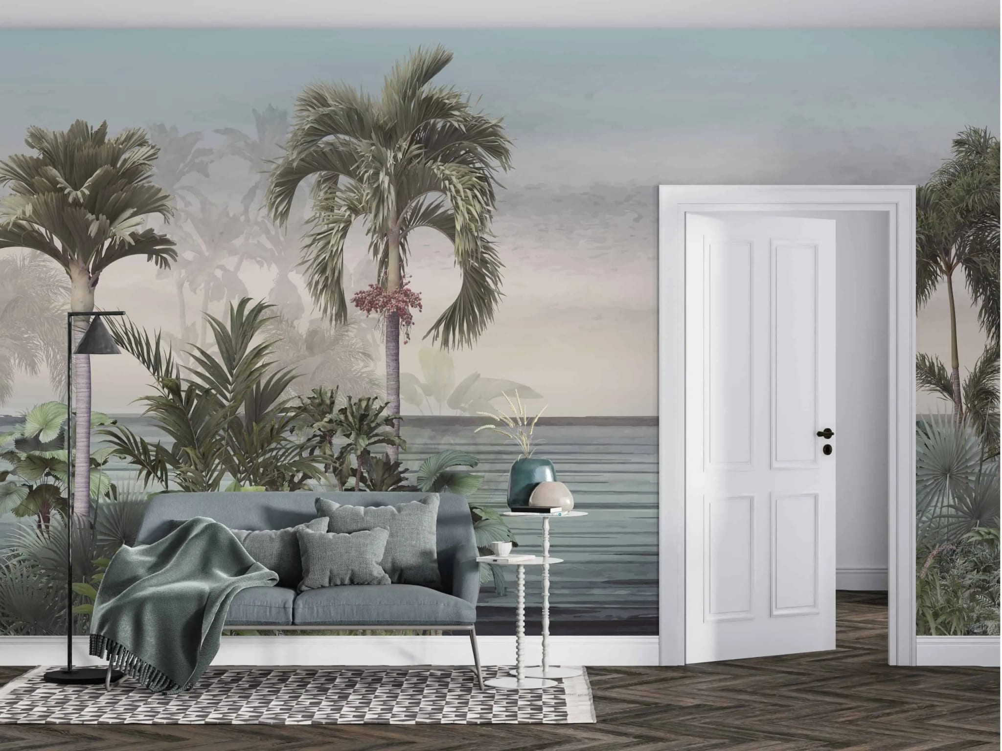 tropisch palmenstrand fotobehang achter bank in moderne woonkamer