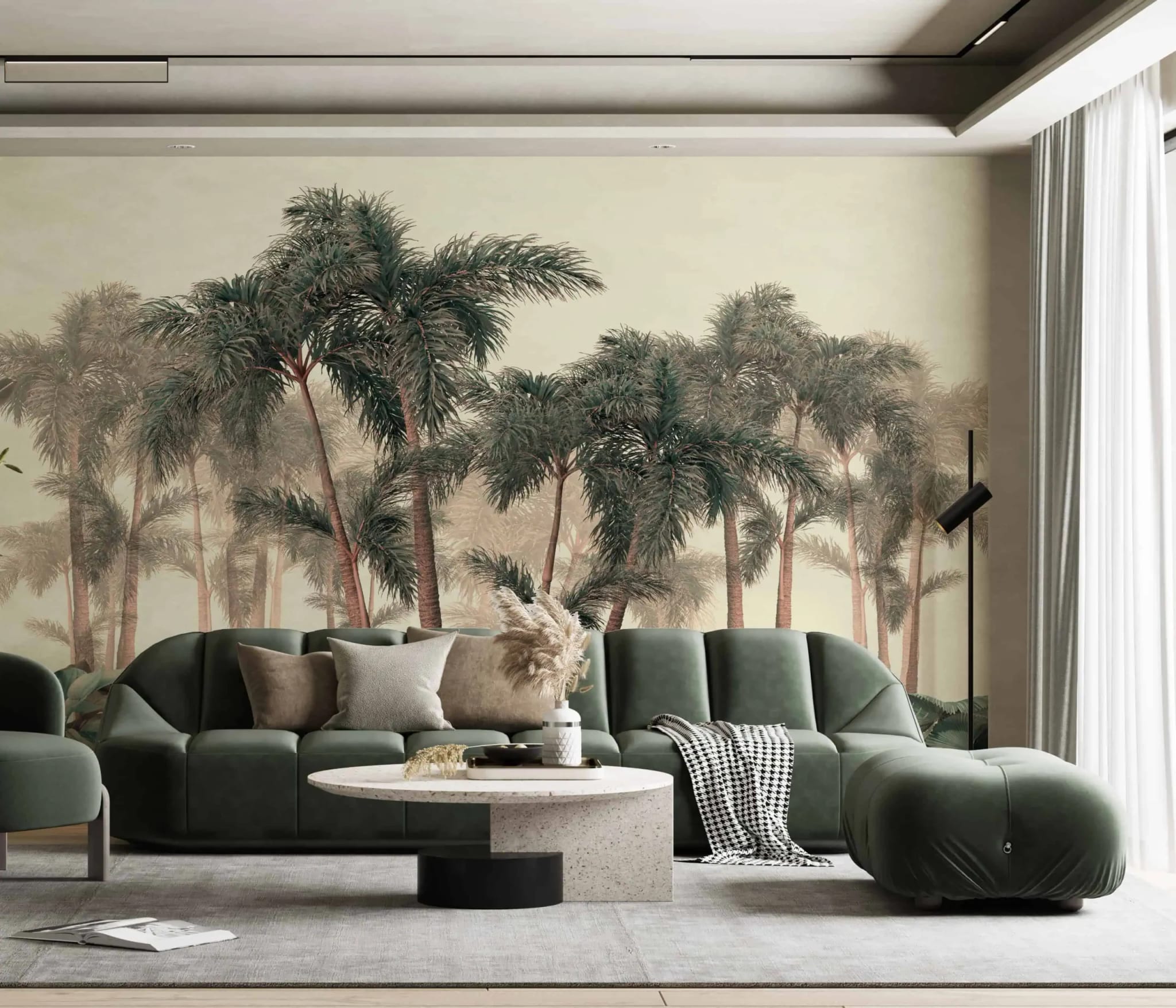 tropische palmen fotobehang achter groene bank in moderne woonkamer
