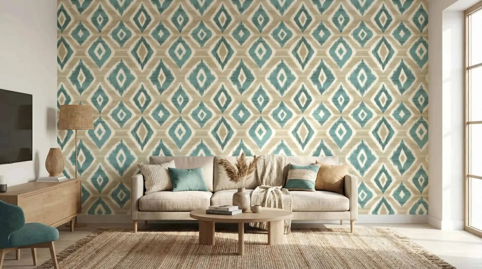 turquoise geometrisch behang met zandkleurige ruiten achter bank in woonkamer