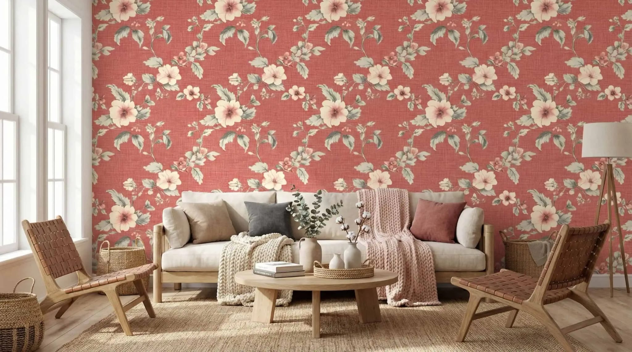 vintage rode bloemen behang met crème accenten in de woonkamer