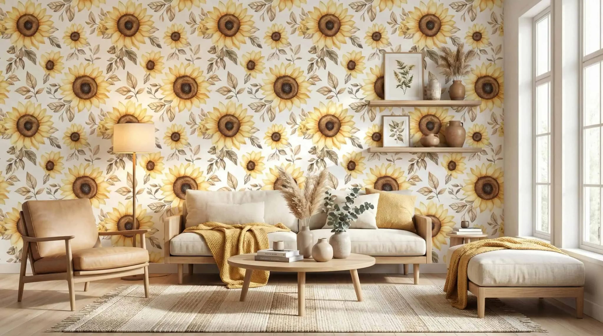 vintage zonnebloemen behang in warme geel en beige tinten in de woonkamer