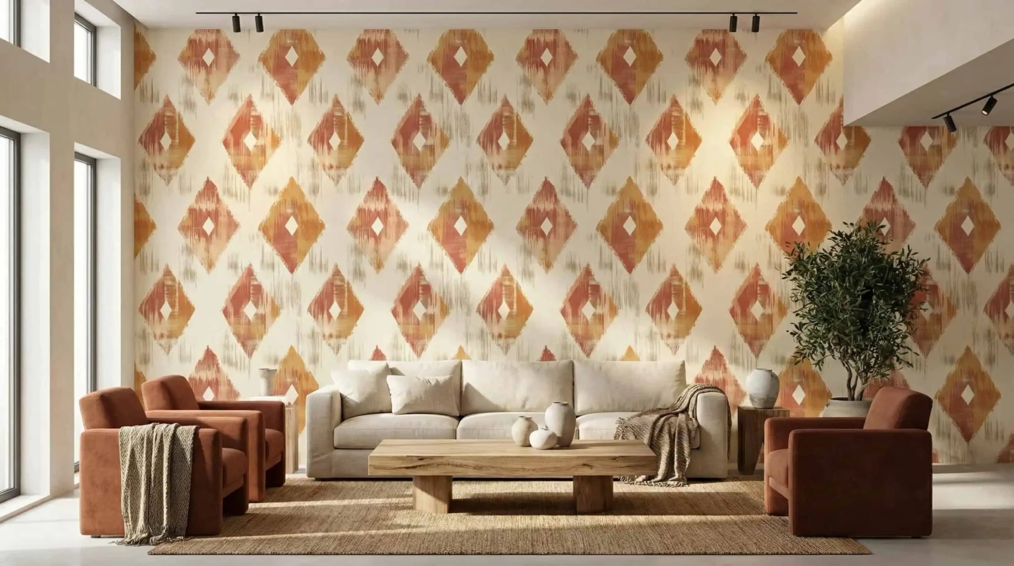 warm grafisch behang met oker en terracotta diamanten achter bank in moderne woonkamer