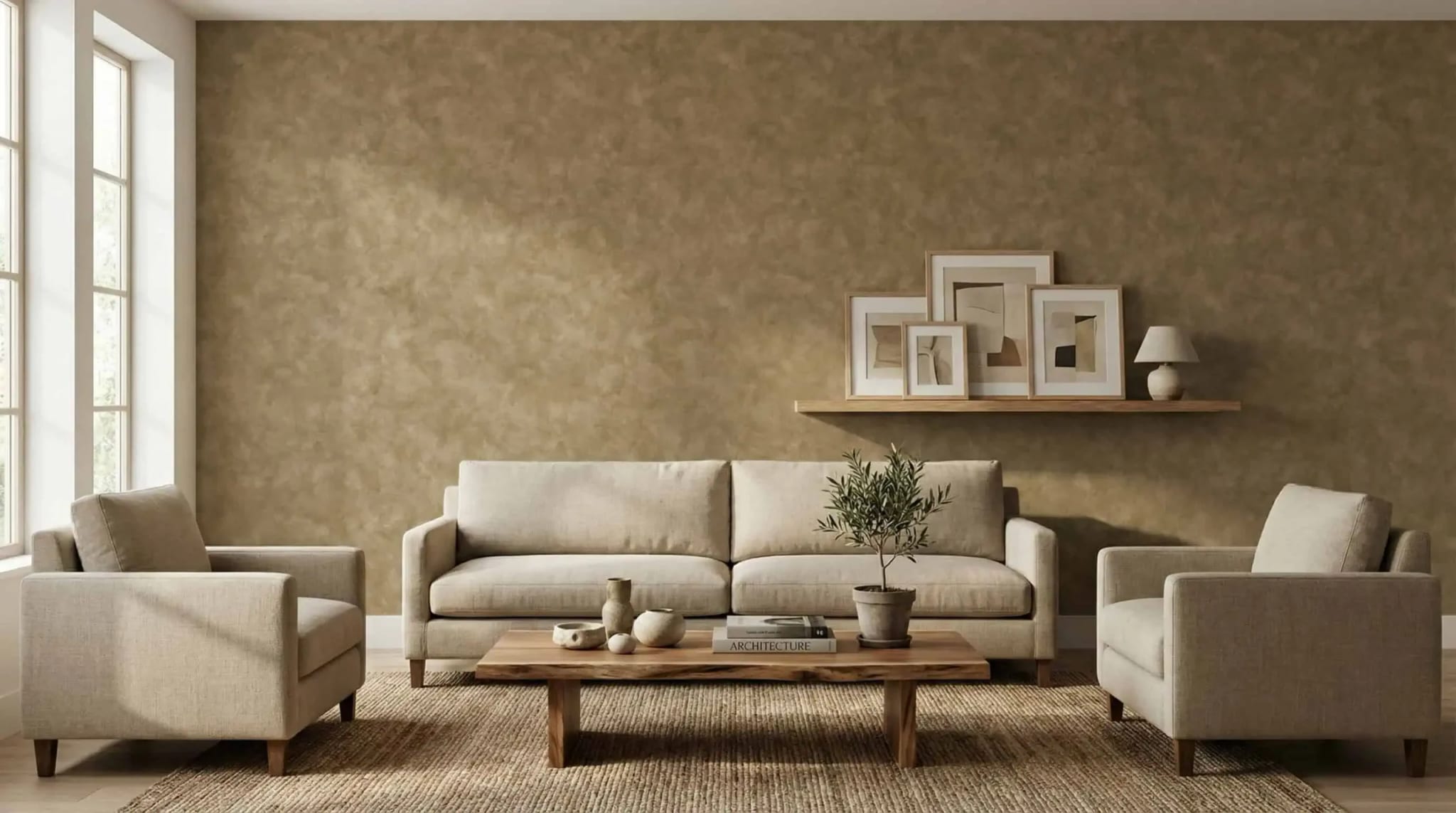 Warm Zandkleur Betonlook Behang met Aardse Textuur