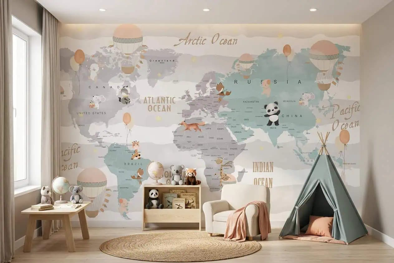 wereldkaart behang dieren pastel achter speeltafel en tipi tent in kinderkamer