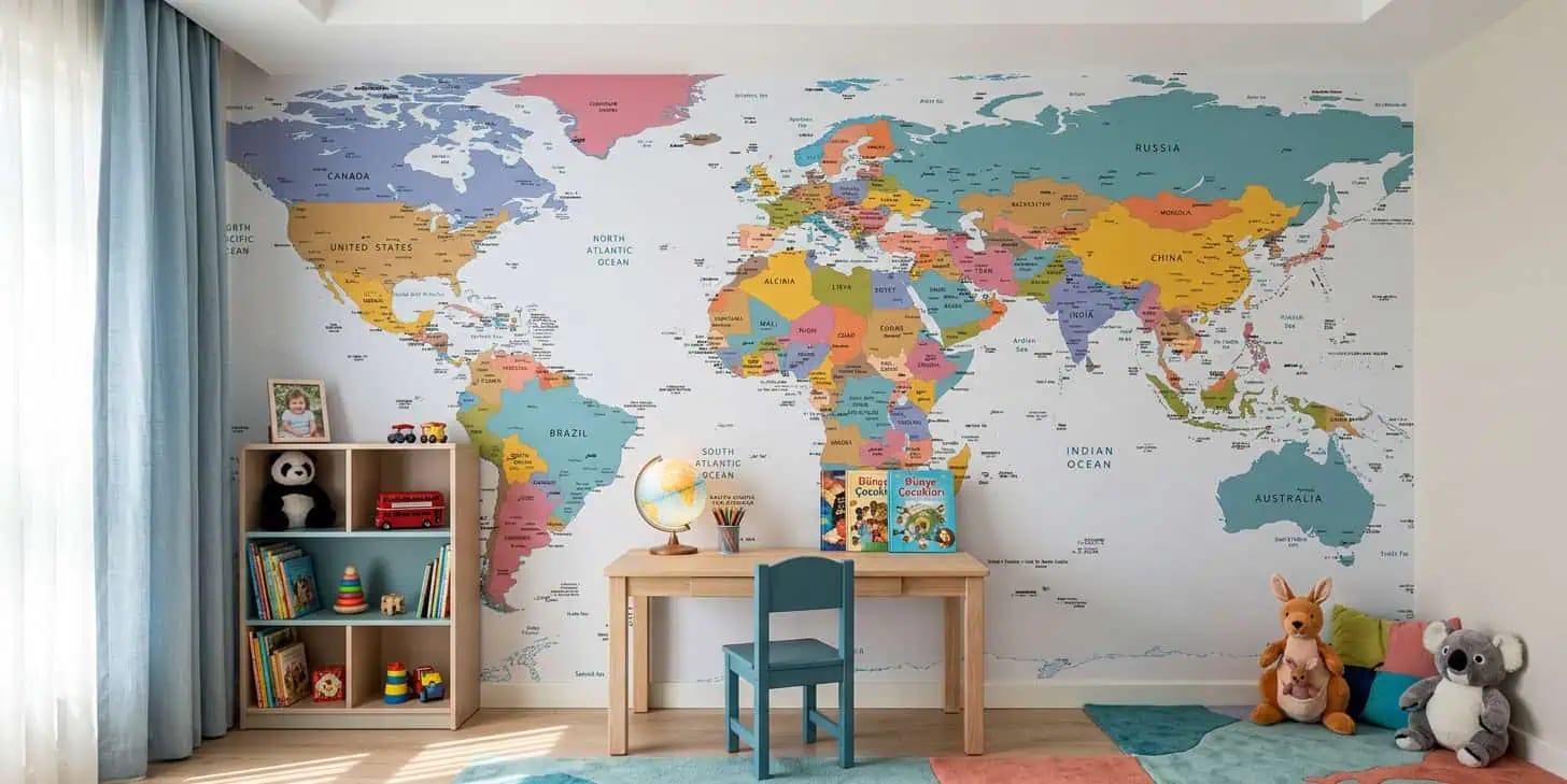 wereldkaart behang pastel achter kinderbureau in kinderkamer