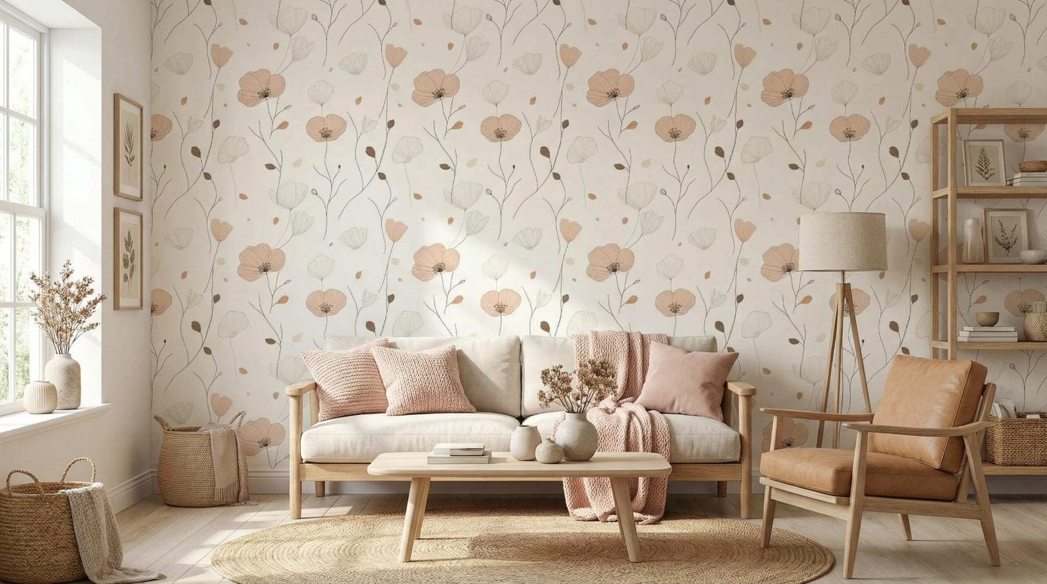 zacht beige bloemen behang achter lichte bank in warme woonkamer