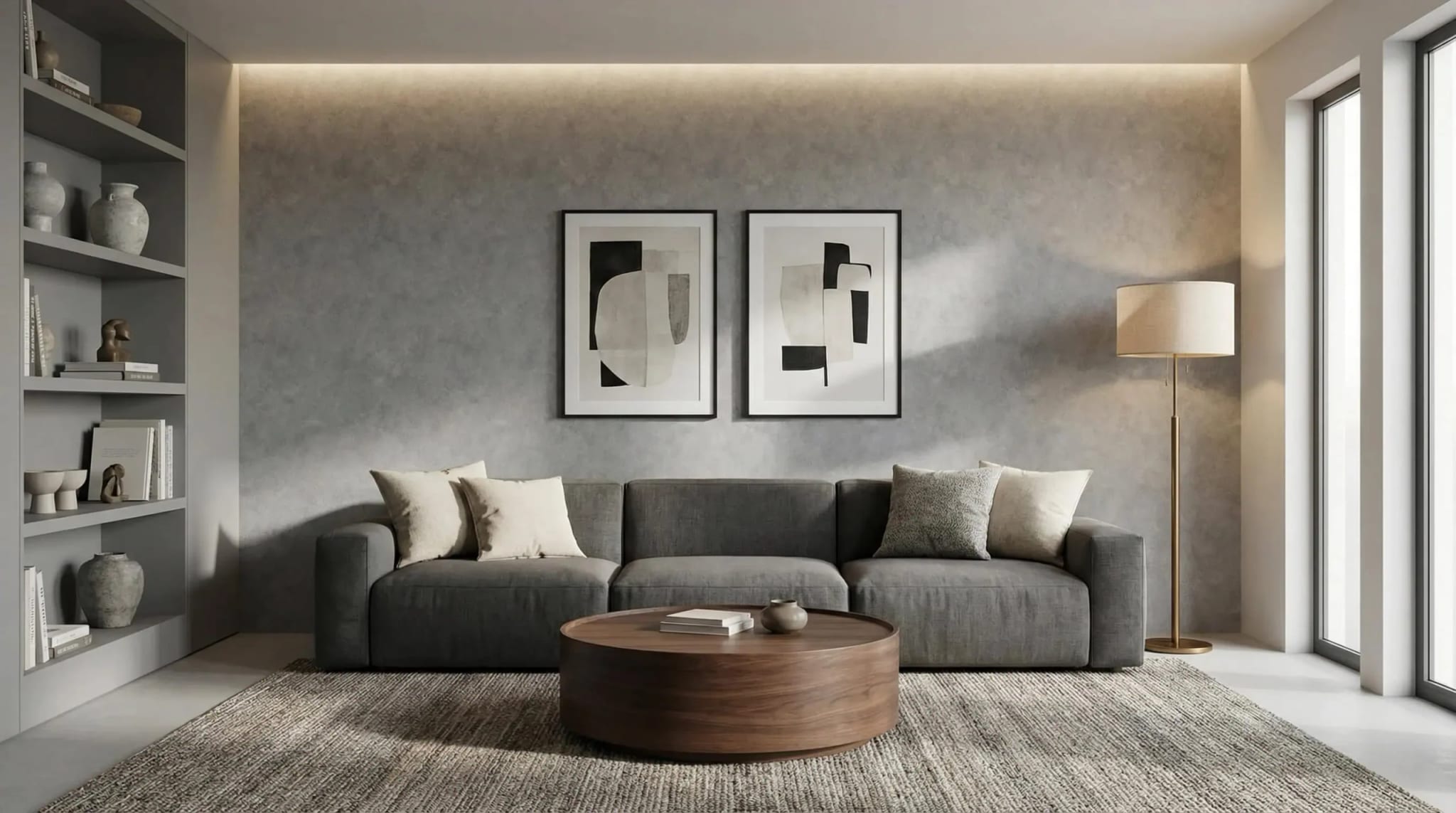 zacht grijs wolk betonlook behang in de woonkamer