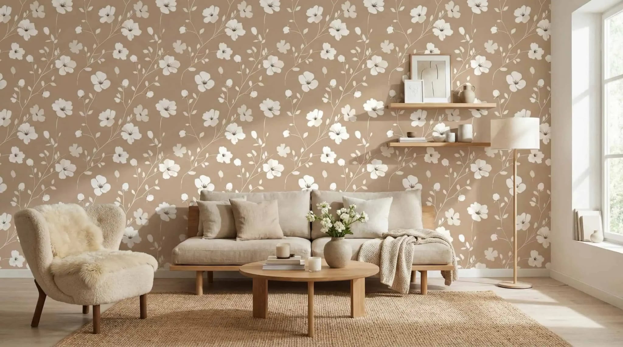 zandtaupe bloemen behang met witte bloesem achter beige bank in warme woonkamer