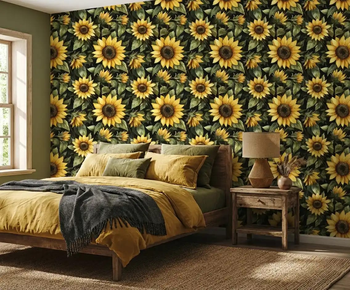 zonnebloemen behang geel-donkergroen achter bed in slaapkamer