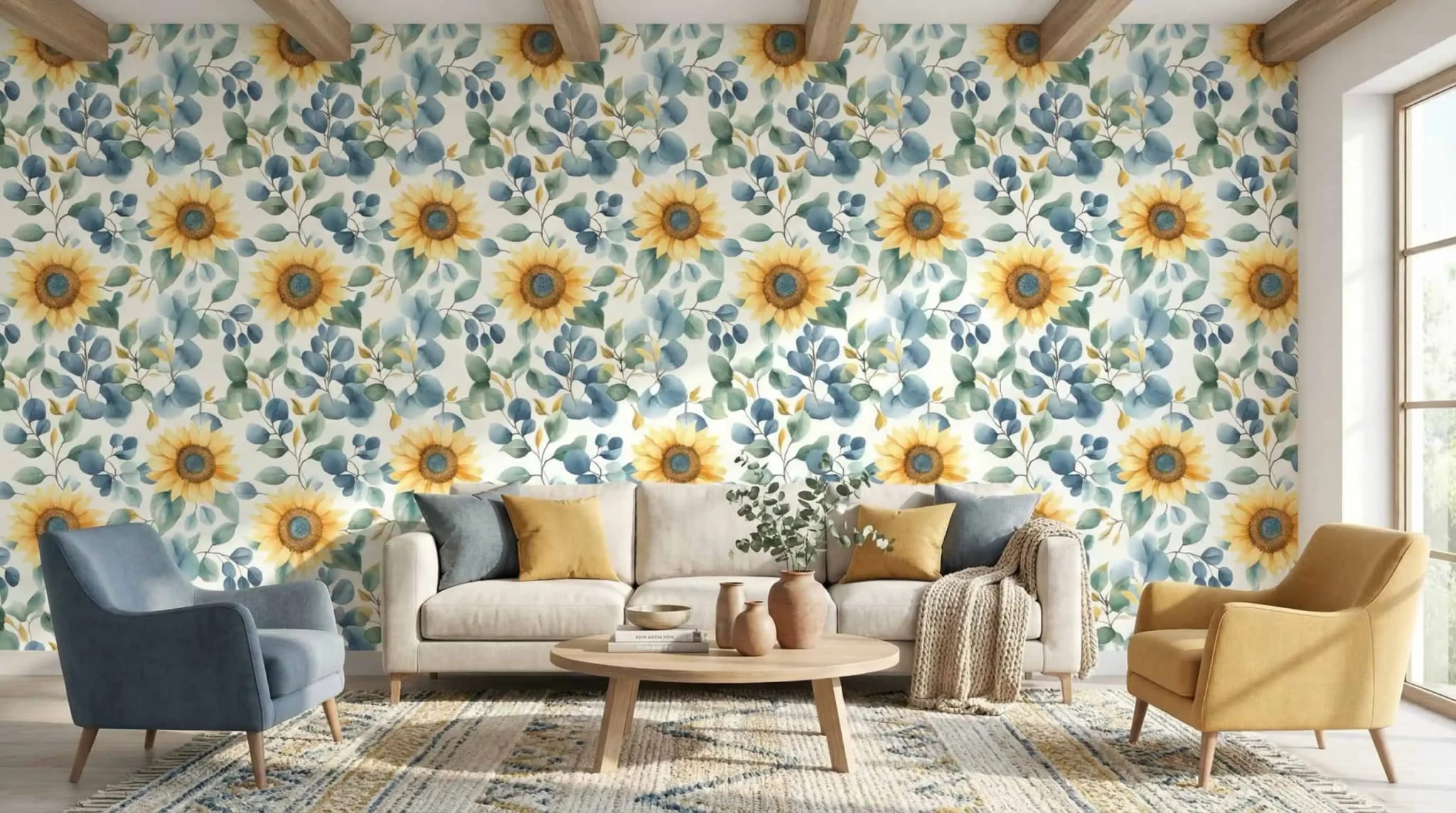 zonnebloemen behang met blauwgroene bladeren in de woonkamer